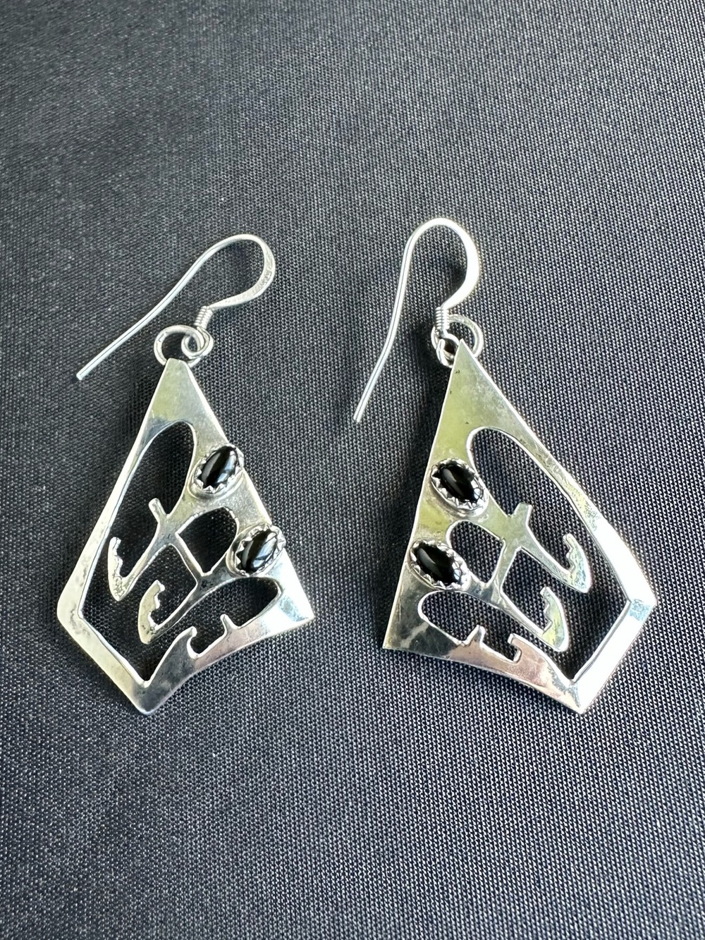 Vintage Navajo Sterling Silver Black Onyx Cut-Out Dangle Earrings Signed CS